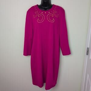 Vintage Leslie Fay Pink Dress - Size 14 - Pink Dress with Gold Detail